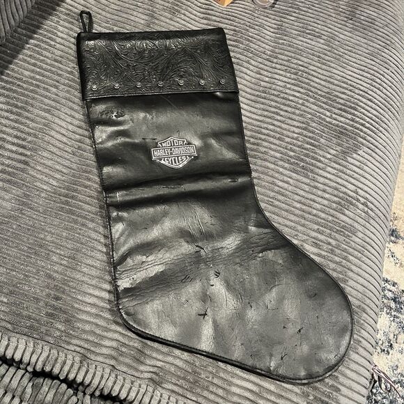 Harley-Davidson Other - Harley Davidson Christmas Stocking Black Leather Silver Logo Tooled Cuff READ
